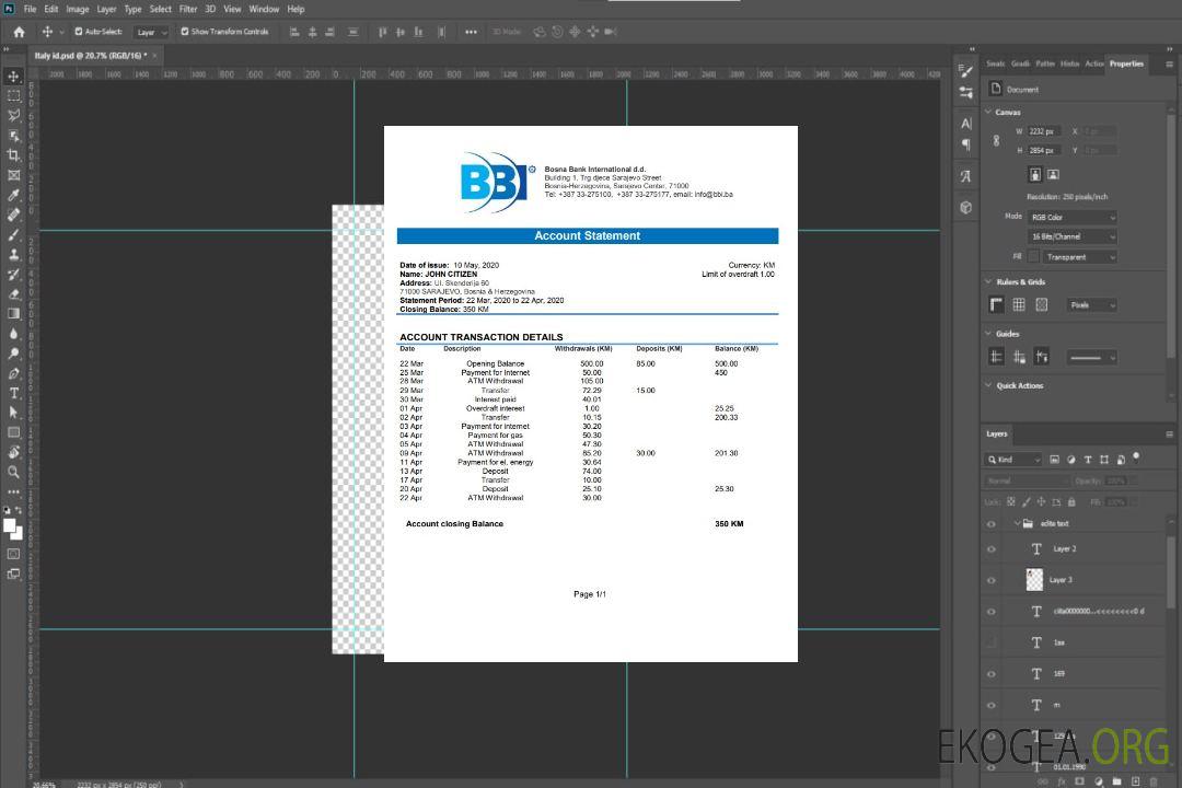 Bosnie-Herzégovine Relevé bancaire de Bosna Bank International template